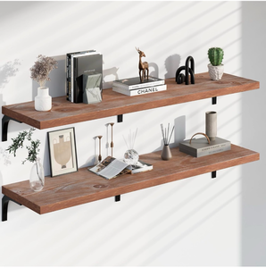 lot 16345 image: Heavy Duty Floating Shelves 12x60 Inch, Set of 2 Rustic Wood Wall Shelves with 100 lbs Capacity, Easy Installation for Kitchen, Bathroom, Living Room - Retail $169