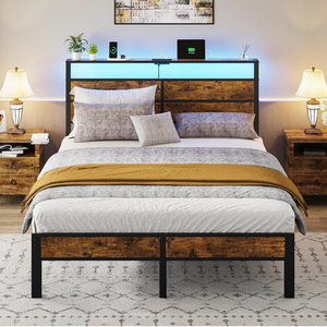 lot 16347 image: Queen Size Bed Frame, Queen Bed with Charging Station Headboard and LED Lights, Platform Bed with Metal Slats, No Box Spring Needed - Retail $149