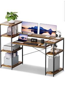 lot 16350 image: 63-Inch Office Desk with Storage Shelves, Computer Desk Home Desk with Monitor Stand for Study, Writing, PC Work, Gaming, Rustic Brown - Retail $119