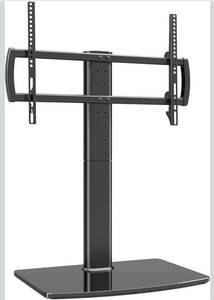 lot 16355 image: Universal Swivel TV StandBase Table Top Stand 40 to 86 inch TVs 110 Degree Swivel, 5 Level Height Adjustable, Heavy Duty Tempered Glass Base, Holds up 132lbs Screens, HT04B-003 - Retail $59