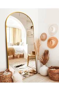 lot 16359 image: Full Length Mirror with Stand, 30x71 Floor Mirror, Arched Wall Mirror, Gold Arch Mirror - Retail $139