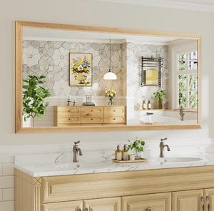 lot 16371 image: 72x36 Inch Bathroom Mirror for Wall, Anti-Rust Oak Wood Grain Metal Framed Bathroom Mirrors for Over Sink,Rectangler Mirrors for Bathroom Vanity, Farmhouse, Bedroom, Living Room, Entryway Decor - Retail $229