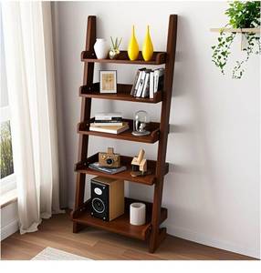 lot 16374 image: Ladder Shelf Bookcase, 5 Tier Walnut Wooden Ladder Bookshelf, Space-Saving Freestanding Storage Rack for Living Room, Home Office and Bedroom, 55.1 H - Retail $196