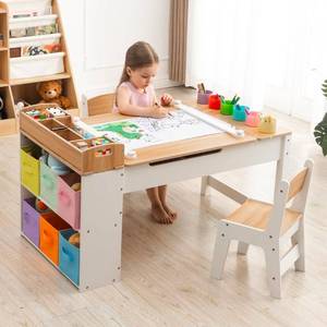 lot 16376 image: Kids Art Table and Chair - Toddler Craft Table and Chairs Set with 2 Chair & Bins, Kids Activity Desk with Paper Roll for Playrooms & Classroom, 44 L x 24 W, Natural - Retail $239