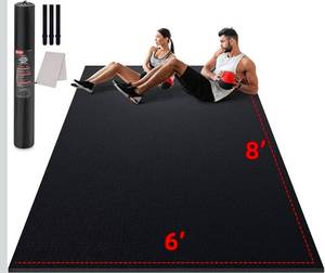 lot 16381 image: Large Exercise Mat for Home Workout, 8x6Extra Thick Workout Mat, High-Density Gym Mat for Cardio, Jump Rope, MMA, Weights (Shoe-Friendly) - Retail $169