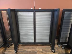 lot 11045 image: Rolling Metal Display Cabinet with Slatted Panels