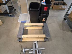 lot 11155 image: Office Monitor Arm, Small Trash Cans, and Furniture Dollys