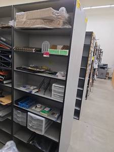 lot 11164 image: Office Supply Storage Unit with Contents And Wooden Shelf