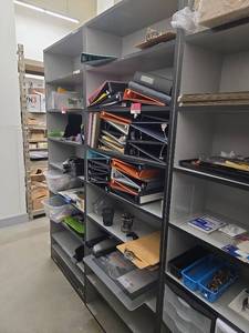 lot 11165 image: Office Supplies Including Paper Binders, Three Hole Punch, and Wooden Shelf