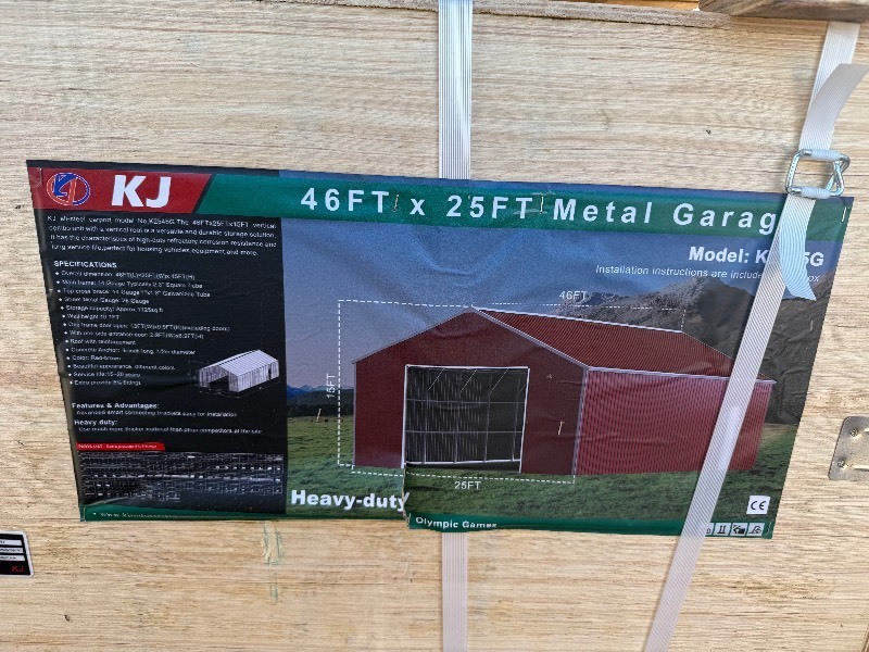 lot 2343 image: Unused KJ Metal K2545 Metal Storage Building in Red Brown. 46x25