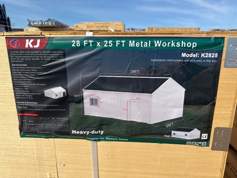 lot 2378 image: Unused 2026 KJ Metal K2825 25x28x15 Metal Workshop with windows and door-Cream and Black