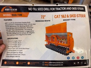 lot 4153 image: Unused Arteer 72 in No Till Seed Drill for Tractor & Skid Steer (NSD-72W)
