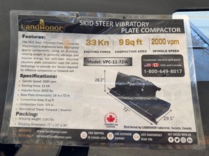 lot 4351 image: Unused Landhonor Skid Steer Vibratory Plate Compactor 72 in (VPC-11-72W)