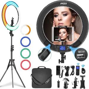 lot 2308 image: $140 19in Ring Light with Stand, iPad Holder, 60W Bi-Color, 4 Filters