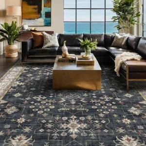 lot 2309 image: $110 Black Farmhouse 8x10 Washable Area Rug Non-Slip Stain-Resistant