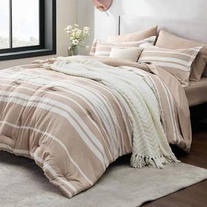 lot 2329 image: $54 Bedsure Queen 7-Piece Comforter Set, Light Camel Striped Bedding
