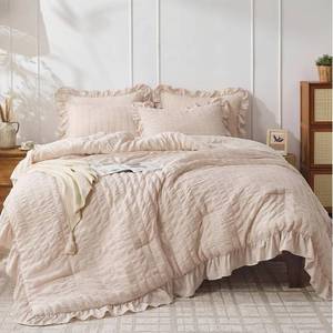 lot 2336 image: JOLLYVOGUE Beige King Comforter Set, 3-Piece Seersucker Bedding