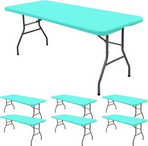 lot 2343 image: 6 Pack Fitted Tablecloth for 6ft Rect. Tables, Aqua Blue, 30x72