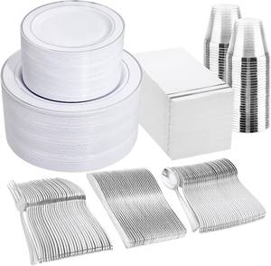 lot 2475 image: $76 GATHER 700PCS Silver Plates - Disposable Dinnerware for 100 Guests