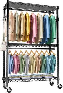 lot 2506 image: $102 Heavy Duty Rolling Garment Rack, 3-Tier Wire Shelving, Black