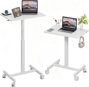 lot 2571 image: $50 Mobile Standing Desk, T-Shaped Pneumatic Height Adjustable, White
