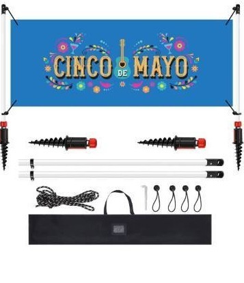 lot 9466 image: Outdoor Horizontal Banner Post Size up to 3 ft x 10 ft Outdoor Advertising Displays Stand Portable and Weather Resistant Banner Stand with Ball Bungee Cords for Yard Sign Displays