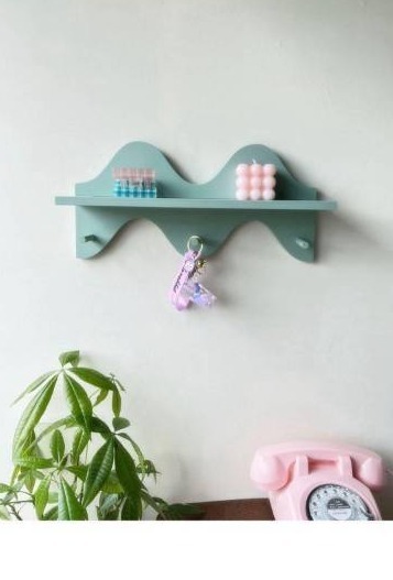 lot 9611 image: Floating Shelves for Wall Shelf with Hooks Key Holder Purse Rack Hanger Wood Small Cute Shelf for Bathroom Bedroom Game Room (light blue)