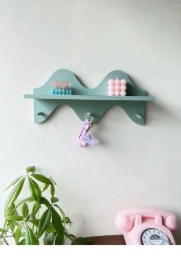 lot 9612 image: Floating Shelves for Wall Shelf with Hooks Key Holder Purse Rack Hanger Wood Small Cute Shelf for Bathroom Bedroom Game Room (light blue)