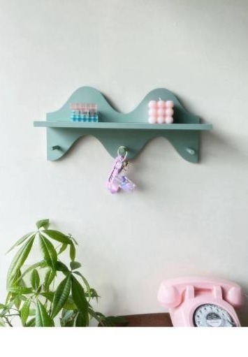 lot 9617 image: Floating Shelves for Wall Shelf with Hooks Key Holder Purse Rack Hanger Wood Small Cute Shelf for Bathroom Bedroom Game Room (light blue)