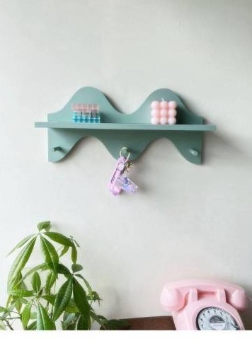 lot 9618 image: Floating Shelves for Wall Shelf with Hooks Key Holder Purse Rack Hanger Wood Small Cute Shelf for Bathroom Bedroom Game Room (light blue)