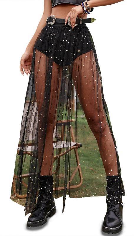 lot 9766 image: Rave Outfits for Women 2 in 1 Sheer Skirt Festival Clubwear Mesh High Waist Print A Line Maxi Skirt Black2# Star-L