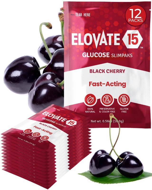 lot 9915 image: Elovate 15 Fast Acting Glucose Packets - Quick Dissolving, Gluten-Free 15g of Glucose Powder Packets for Sugar & Energy Dips - Oral Dextrose Powder for Kids & Adults, Hypoglycemia (12 x Black Cherry) 2-Pack