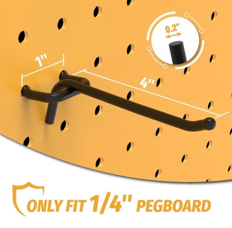 lot 3565068 image: HUHOLE Black Pegboard Hooks, Heavy Duty Pegboard Hooks, Fit 14, Powder Coated Steel,  6 inch, 25PC - Retail $19