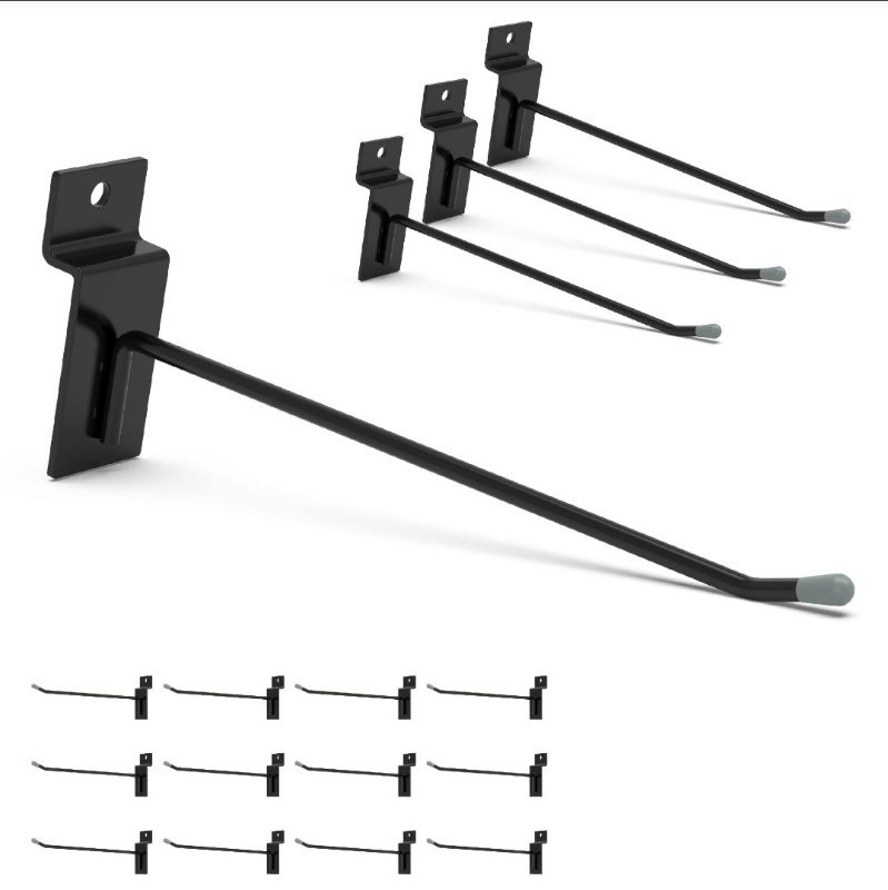 lot 3565099 image: HUHOLE Black Slatwall Hooks 6 inch, 50PC, Slat Wall Accessories, Load Up to 20lbs, Black Powder-Coated Steel - Retail $25