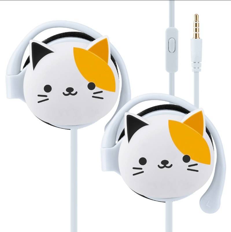 lot 113 image: QearFun Cat Earbuds for Kids with Ear Hooks, Kawakii Wired Over Ear Headphones Earphones Gifts for School Girls and Boys with Microphone & Ear Loops White - Retail $27