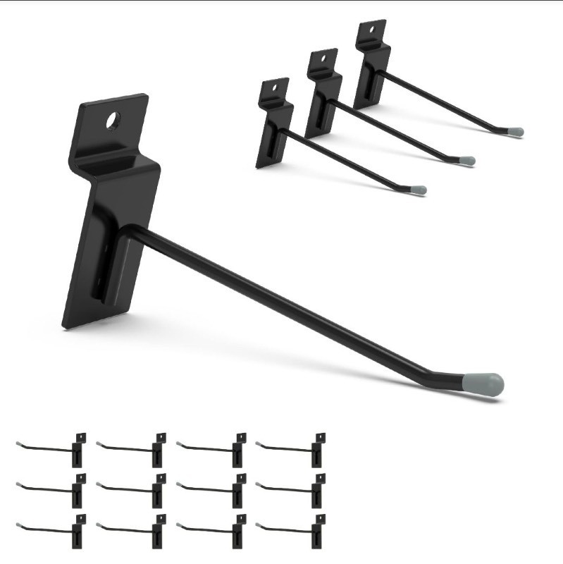 lot 3565088 image: HUHOLE Black Slatwall Hooks 4 inch, 50PC, Slat Wall Accessories, Load Up to 20lbs, Black Powder-Coated Steel - Retail $29