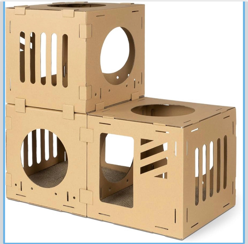 lot 3565186 image: Navaris Modular Cardboard Cat House - DIY Corrugated Cardboard Configurable Play Tower Condo for Small Cats, Kittens, Rabbits - 3 Cubes - Retail $24