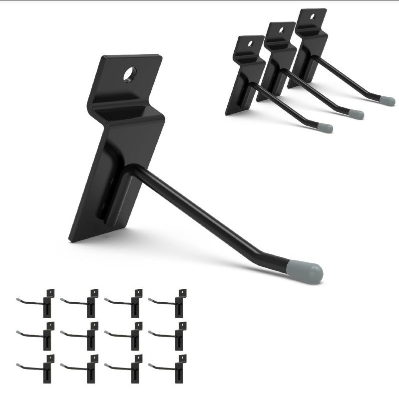 lot 3565196 image: HUHOLE Black Slatwall Hooks 2 inch, 50PC, Slat Wall Accessories, Load Up to 20lbs, Black Powder-Coated Steel - Retail $27