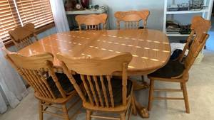 Oak Dining Set with Double Pedestal Table and 6 Chairs 68x48 with 2 12 inch leaves stored underneath