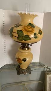 Vintage Hand-Painted Yellow Rose Hurricane Lamp