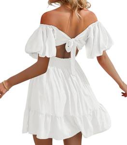 Women's Tie Back Summer Dress Square Neck Short Sleeve Off Shoulder A-Line Casual Mini Dresses(White Small) - Retail: $40