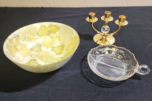 lot 200 image: Hand painted Candrea Gold Chrysanthemum Bowl made in Japan (numbered 7266), small glass divided condiment bowl with gold etching, and a gold toned candle holder with crystal accent