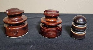 lot 210 image: Two Locke Hi-Top 77 Ceramic Insulators and one unbranded ceramic insulator