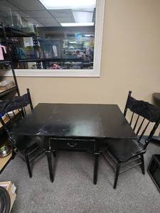 lot 300 image: Black Wood Breakfast Nook Table with fold down sides and 2 carved back chairs - table needs minor repairs see desc for details and measurements
