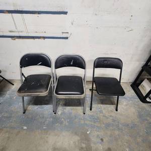 lot 307 image: Metal Folding Chairs - Black with Vinyl Seats, 2 matching and 1 smaller chair