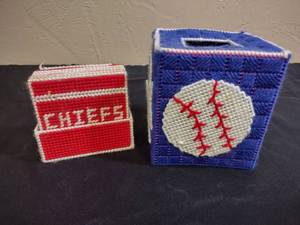 lot 330 image: KC Sports Hand Crafted Decor Bundle - KC Royals Tissue Box Cover and KC Chiefs Coasters