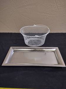lot 338 image: Decorative Silver Display Tray with White Wire Basket Set