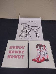 lot 341 image: Western Art Print Set - two small framed prints Howdy and Cowgirl Boots, and a canvas Cowgirl print unframed