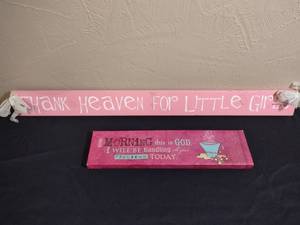 lot 346 image: Canvas Inspirational Religious Wall Sign and a Wooden Thank Heaven For Little Girls sign (could use pink paint touch up)