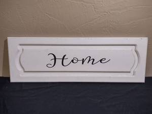 lot 347 image: White Wooden Home Sign Wall Decor - made from an old cabinet door